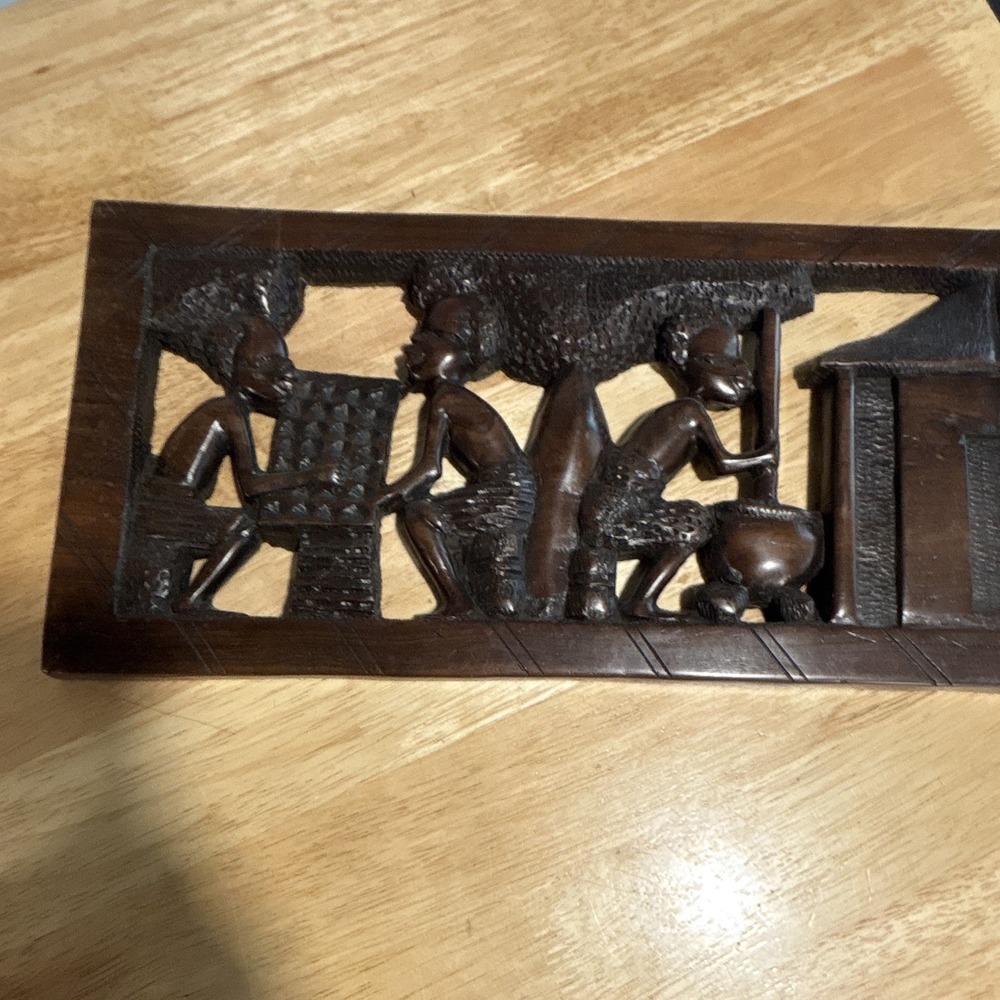 Hand Carved African Wooden Relief Wall Plaque Village Figures Scene ~17"x8"